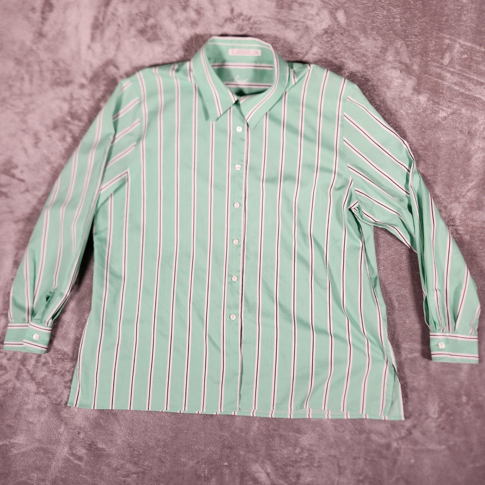 Foxcroft Button Down‎ Shirt Mens 16W Mint Green Excellent Wrinkle Free Striped